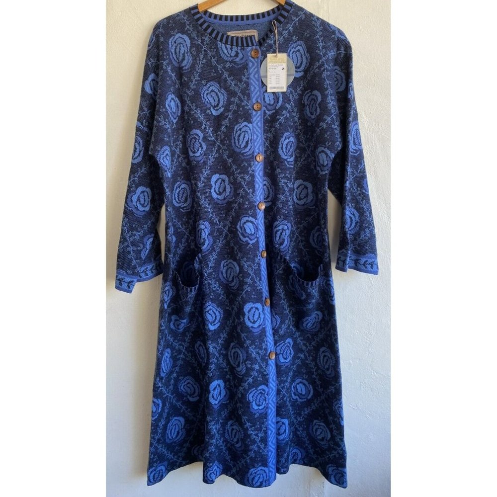 Gudrun Sjoden Knitted Cardigan Coat Sweater Floral Wool Indigo Large.